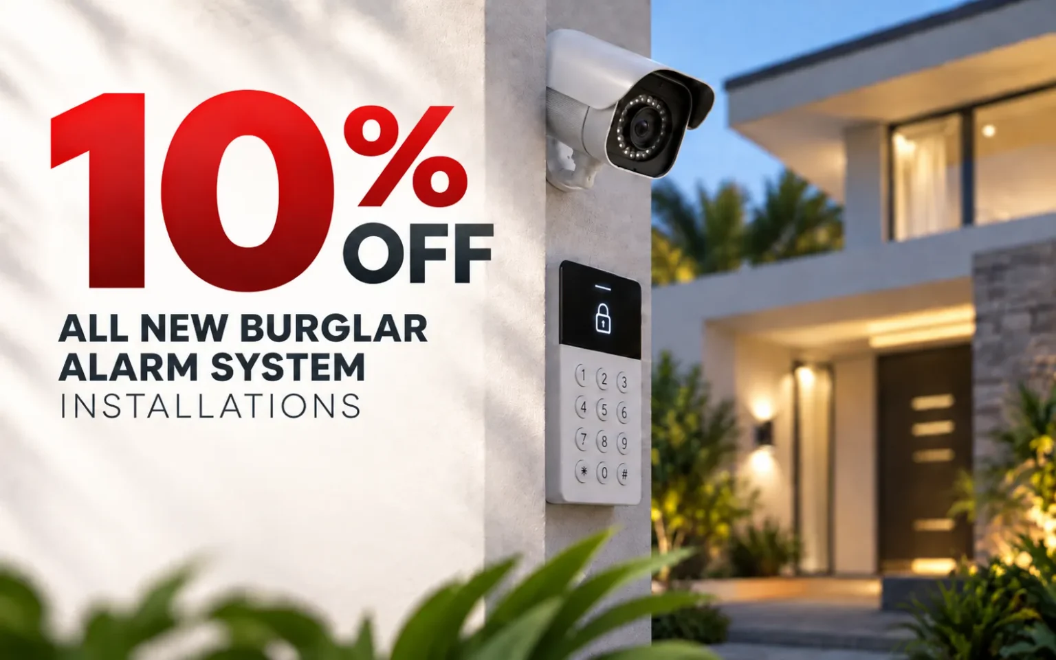 Promotional offer for a 10% discount on new burglar alarm system installations